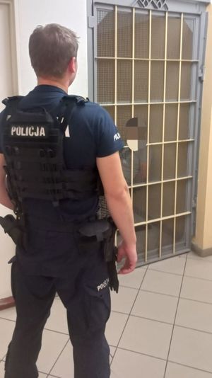 zdjęcie umundurowanego policjanta stojącego tyłem i siedzącego za żółtymi kratami mężczyznę.