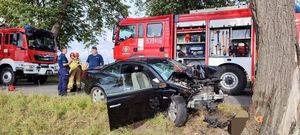 Zdjęcie przedstawia rozbite auto które uderzyło w drzewo a za nim stojące dwa wozy straży pożarnej oraz umundurowanych policjantów i strażaków.