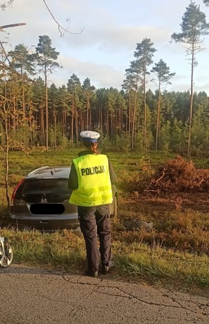 Zdjęcie przedstawia stojącego tyłem umundurowanego policjanta na drodze. A przed nim w polu stojący osobowy samochód.