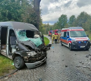 Zdjęcie przedstawia rozbitego busa po lewej stronie oraz stojąca karetkę pogotowia i strażaków.